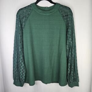 IWOLLENCE Women's Waffle Knit Blouse Lace Sleeves Henley Loose Fitting XL Green